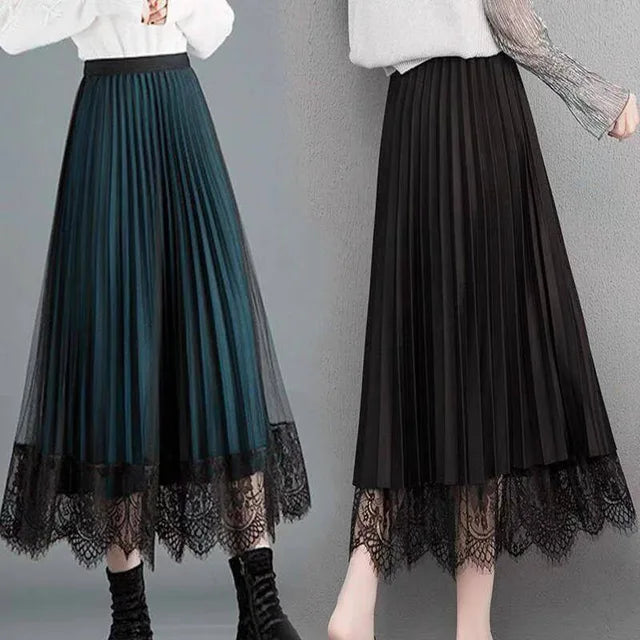 Pleated skirt women’s new high waist lace skirt half bottom skirt medium length slim fit wear on both sides