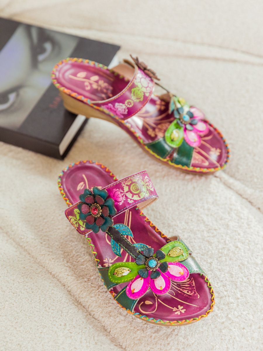 SOFFIA | Blossom Appliqued Genuine Leather Sandal Plum