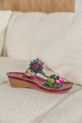 SOFFIA | Blossom Appliqued Genuine Leather Sandal Plum