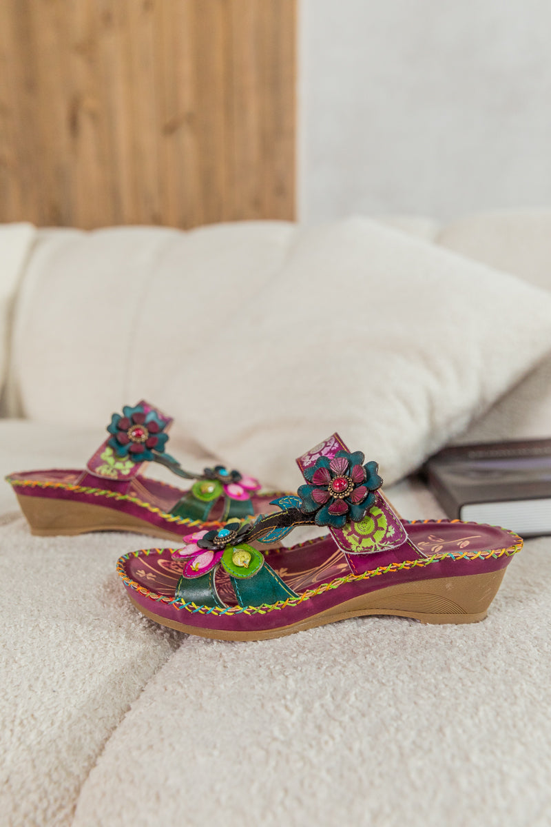 SOFFIA | Blossom Appliqued Genuine Leather Sandal Plum