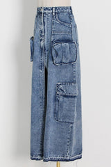 Pocket Patchwork Slit A-line Denim Cargo Skirt