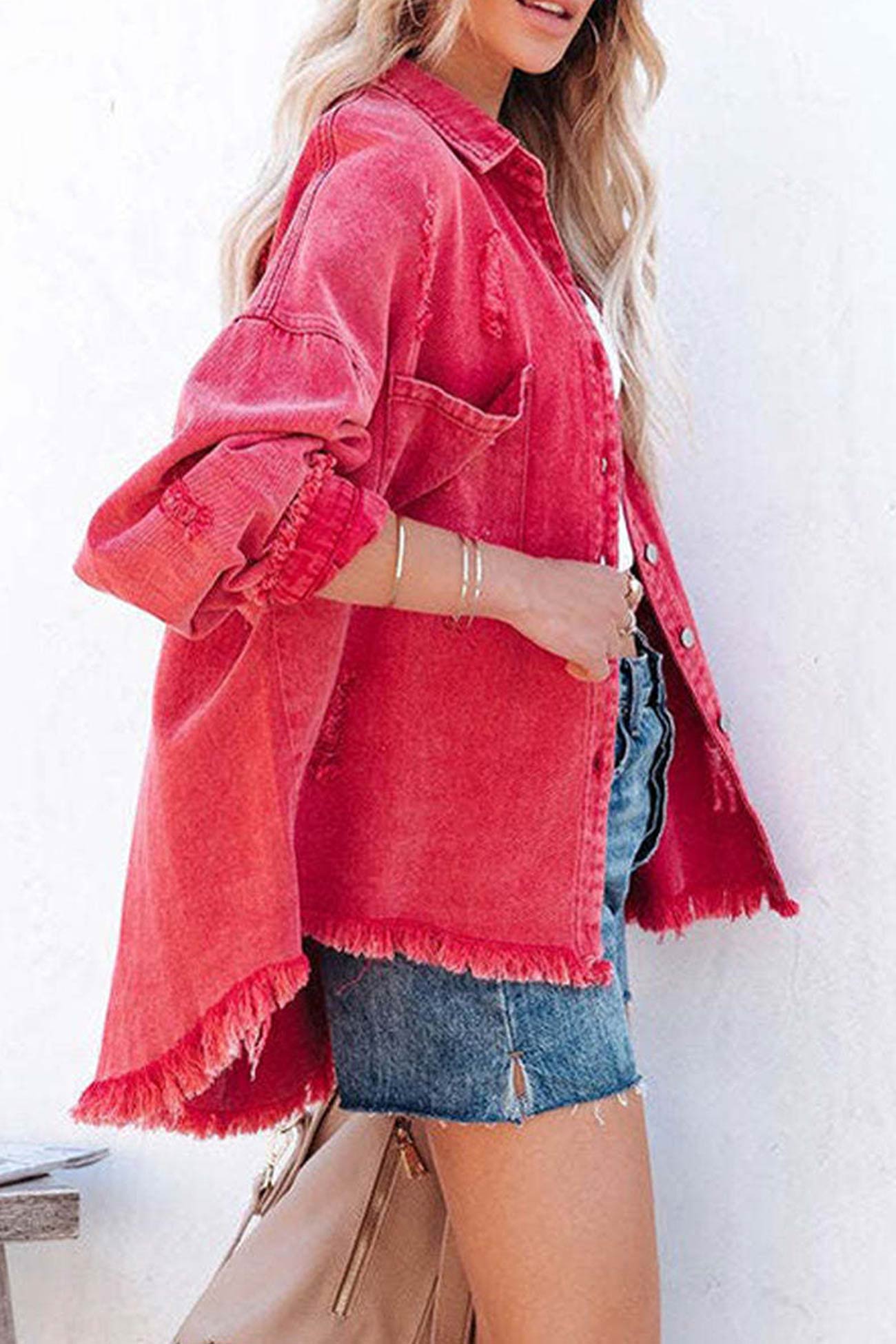 Pocketed Solid Color Distressed Denim Jacket