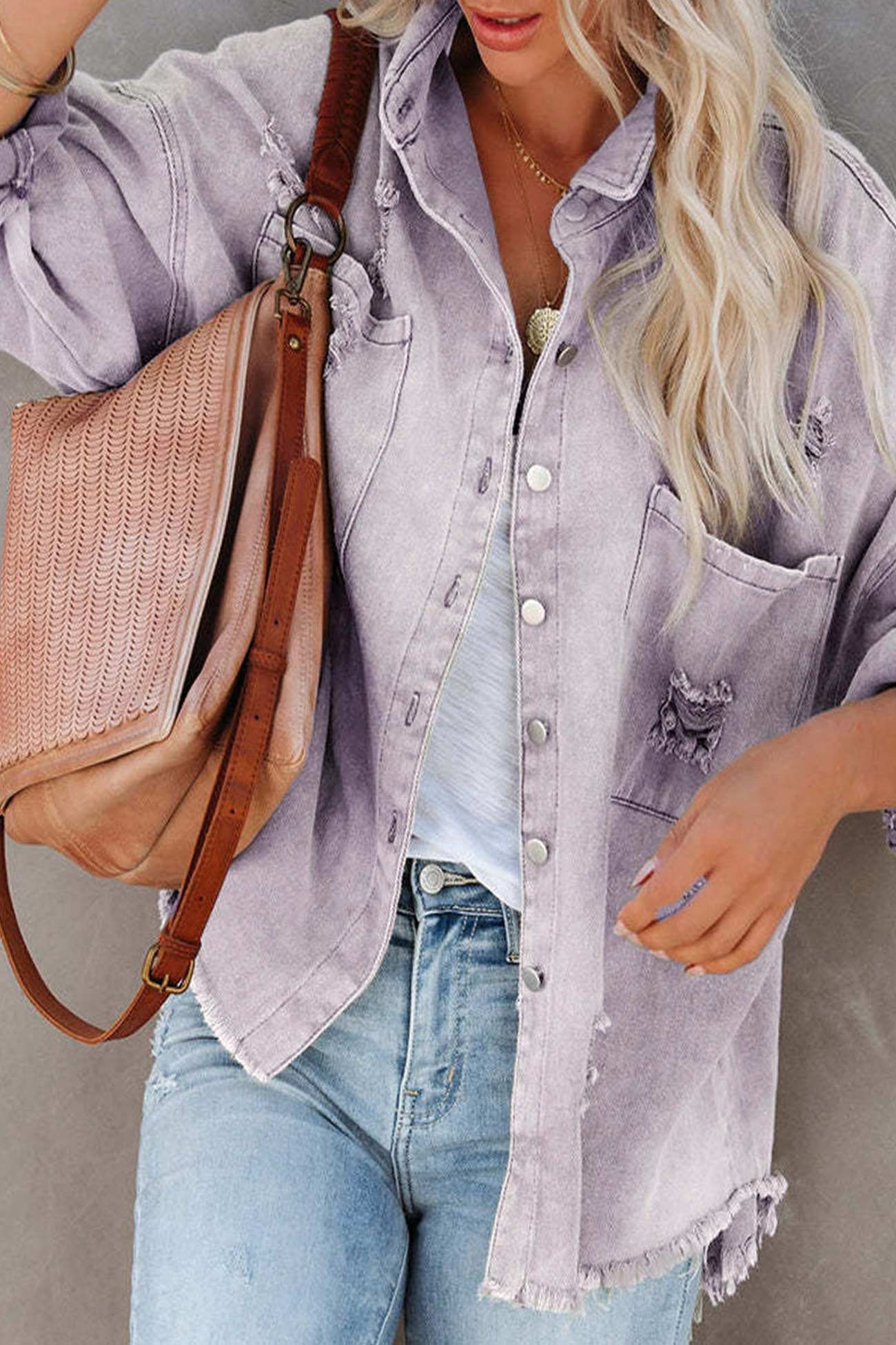 Pocketed Solid Color Distressed Denim Jacket