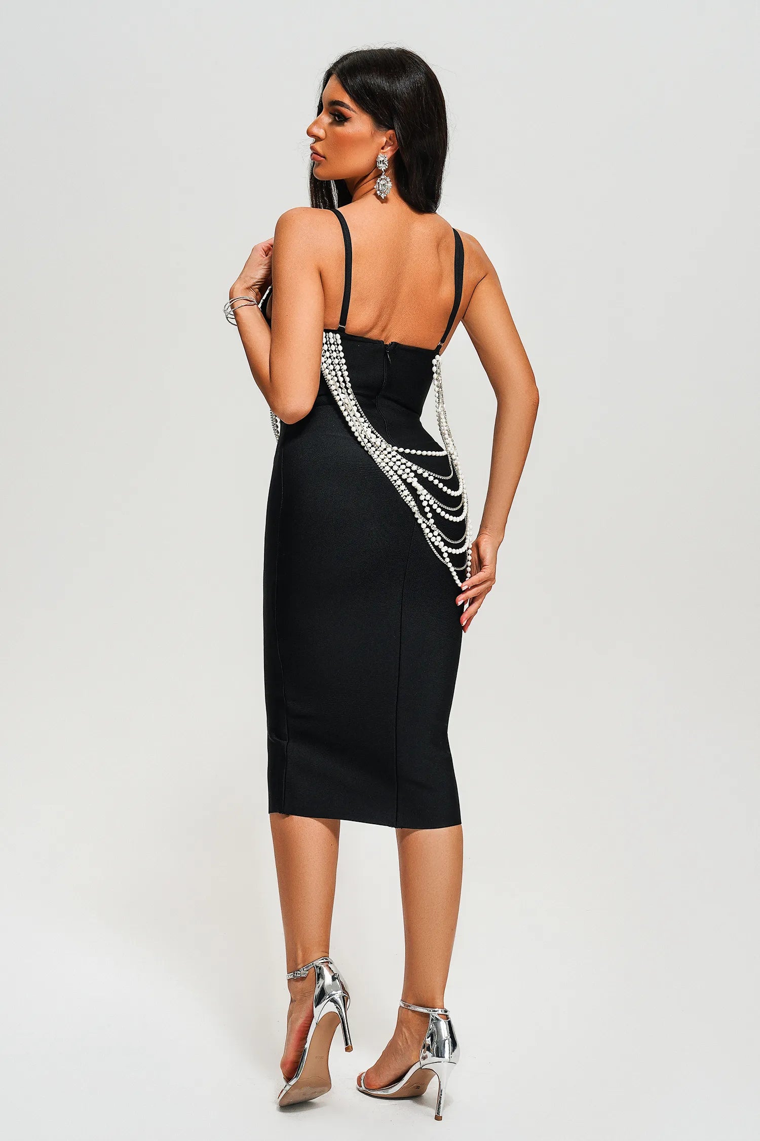 Polly Black Pearl Embellished Midi Bandage Dress