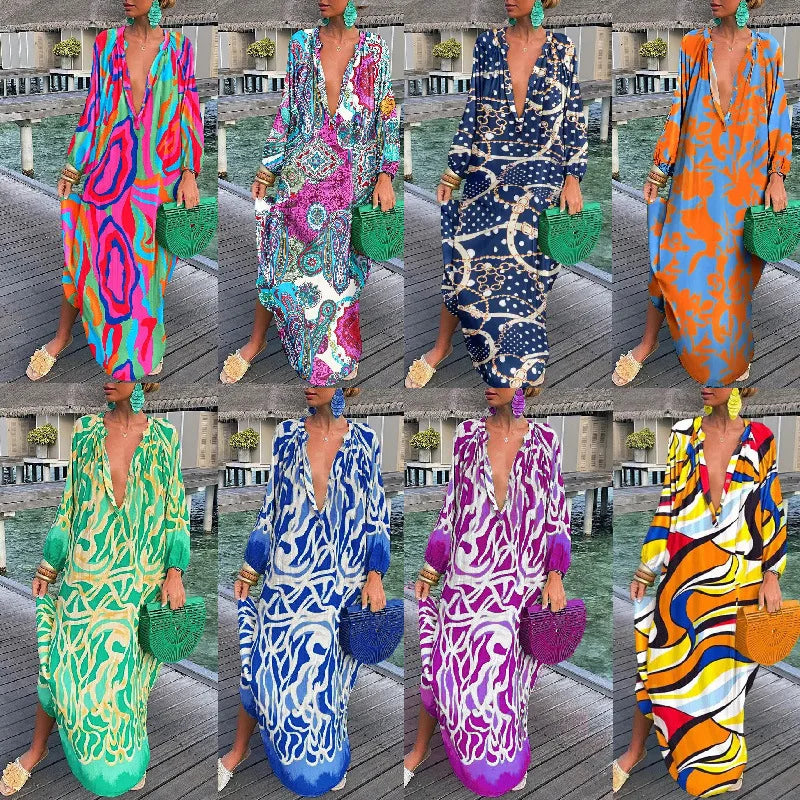 Printed Loose Long Dresses For Women Sexy V-neck Irregular Big Skirt Beachwear Maxi Dress Fashion Casual Beach Vacation Vestidos