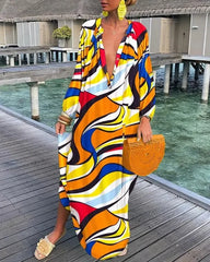 Printed Loose Long Dresses For Women Sexy V-neck Irregular Big Skirt Beachwear Maxi Dress Fashion Casual Beach Vacation Vestidos