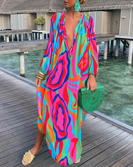 Printed Loose Long Dresses For Women Sexy V-neck Irregular Big Skirt Beachwear Maxi Dress Fashion Casual Beach Vacation Vestidos