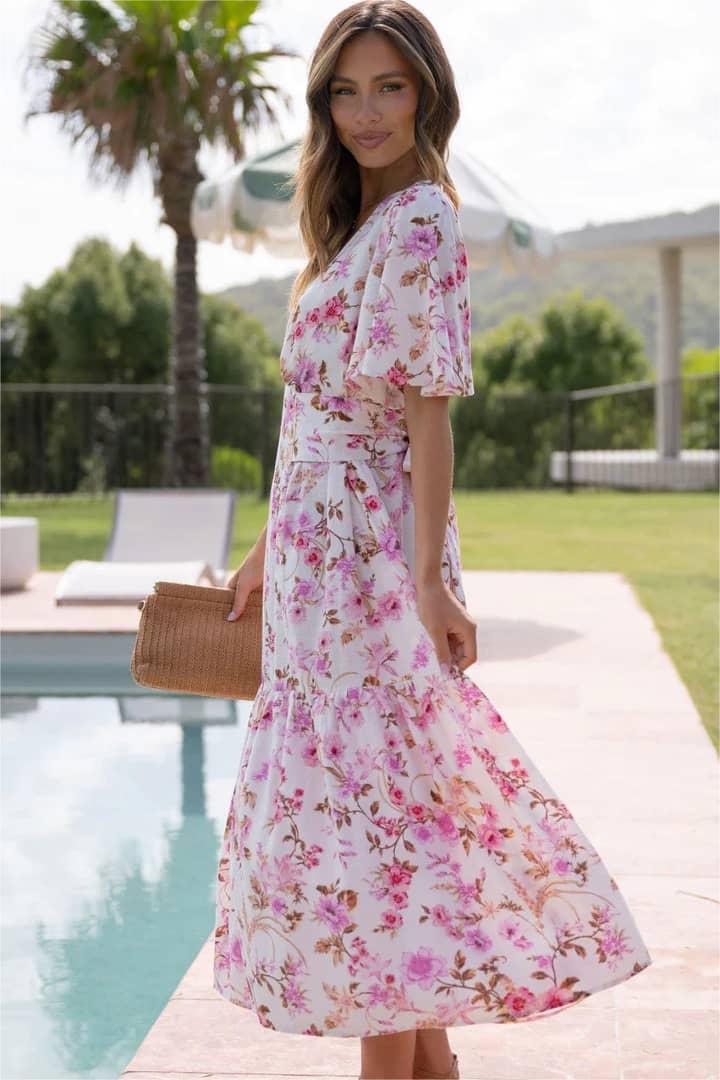 Printed V-Neck Waist Short Sleeve Midi Dress