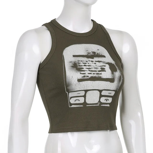 Printed y2k Cropped Tanks Crop Top Sleeveless O Neck Corset Tops Female Summer Basic Tee Tops Club