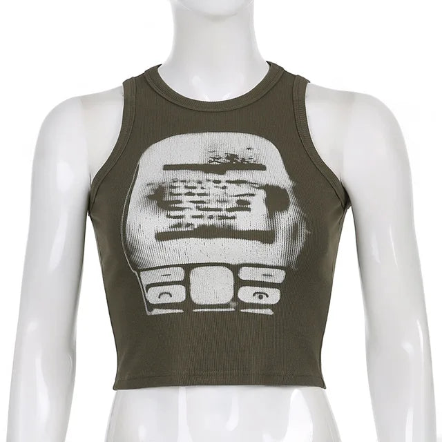 Printed y2k Cropped Tanks Crop Top Sleeveless O Neck Corset Tops Female Summer Basic Tee Tops Club