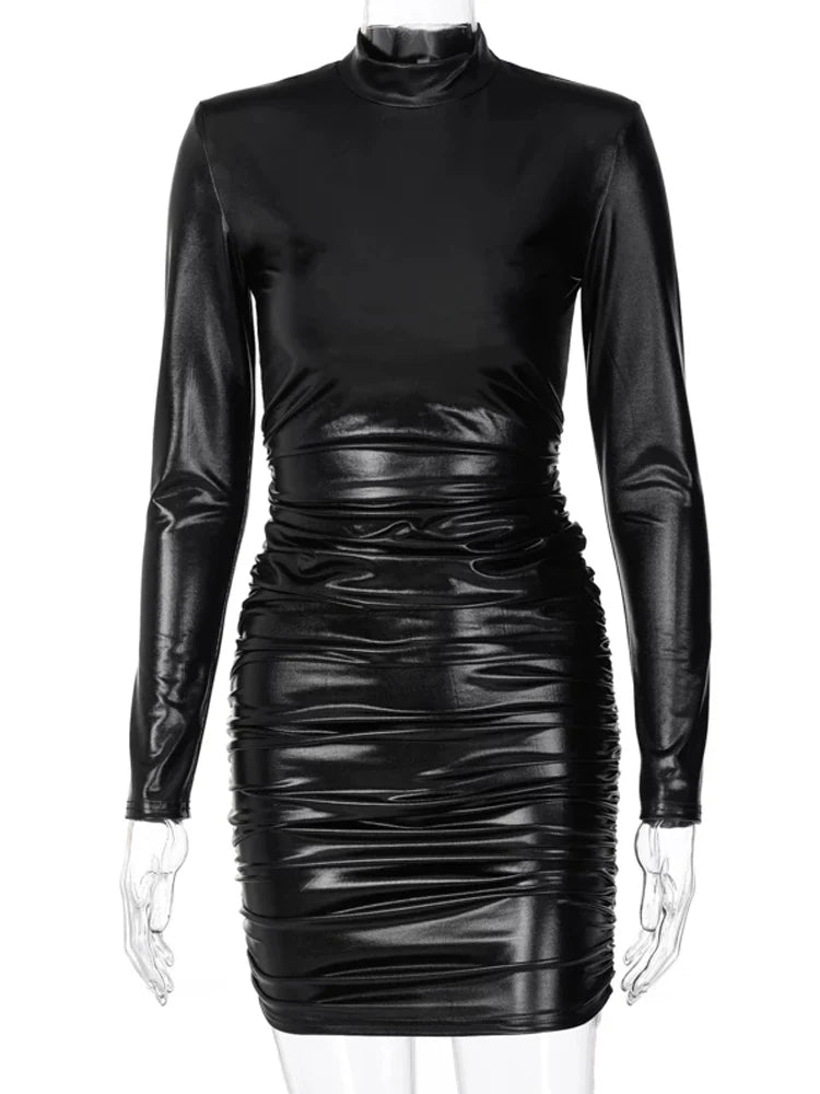 Pu Leather Mini Dress Ruched Turtleneck Long Sleeve Bodycon Bandage Sexy Streetwear Party Elegant Autumn Winter Club