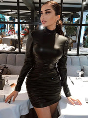 Pu Leather Mini Dress Ruched Turtleneck Long Sleeve Bodycon Bandage Sexy Streetwear Party Elegant Autumn Winter Club