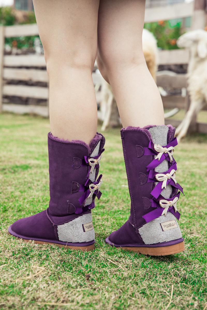 SMAIBULUN Ugg | Rhinestone Ribbon Ballet Bow Suede Boots - Purple