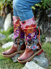 SOFFIA | Bohemian Floral Tie-Accent Boho Leather Knee Boots