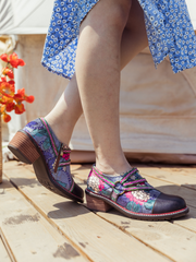 SOFFIA | Genuine Leather Peony Print Strap-Accent Loafer