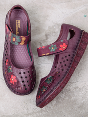 Rumour Has It | Perforated Flower Printed Leather Mary Jane Flats- Purple