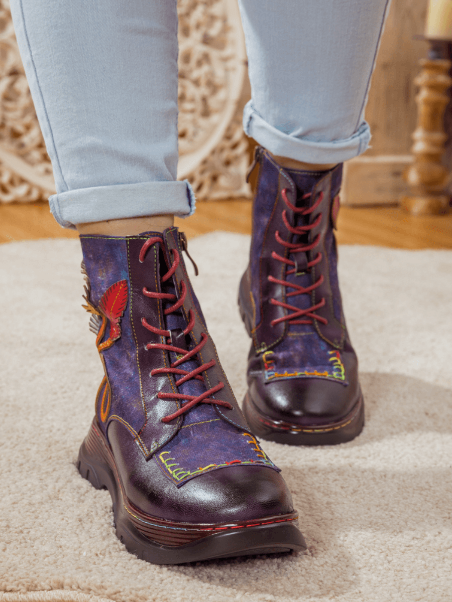 SOFFIA | GALAXY LEAF APPLIQUE LEATHER CANVAS COMBAT BOOT