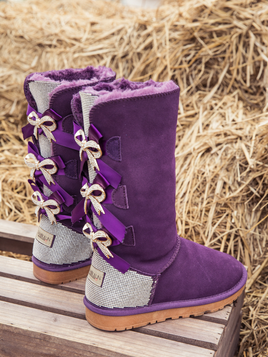 SMAIBULUN Ugg | Rhinestone Ribbon Ballet Bow Suede Boots - Purple