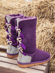 SMAIBULUN Ugg | Rhinestone Ribbon Ballet Bow Suede Boots - Purple