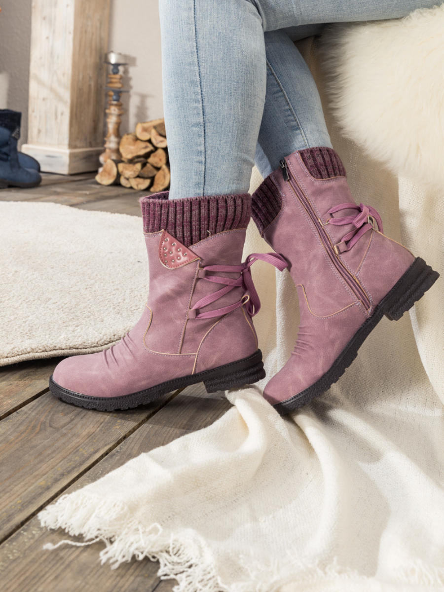 En Bloom | Purple Ruched Back Tie-Accent Combat Boot