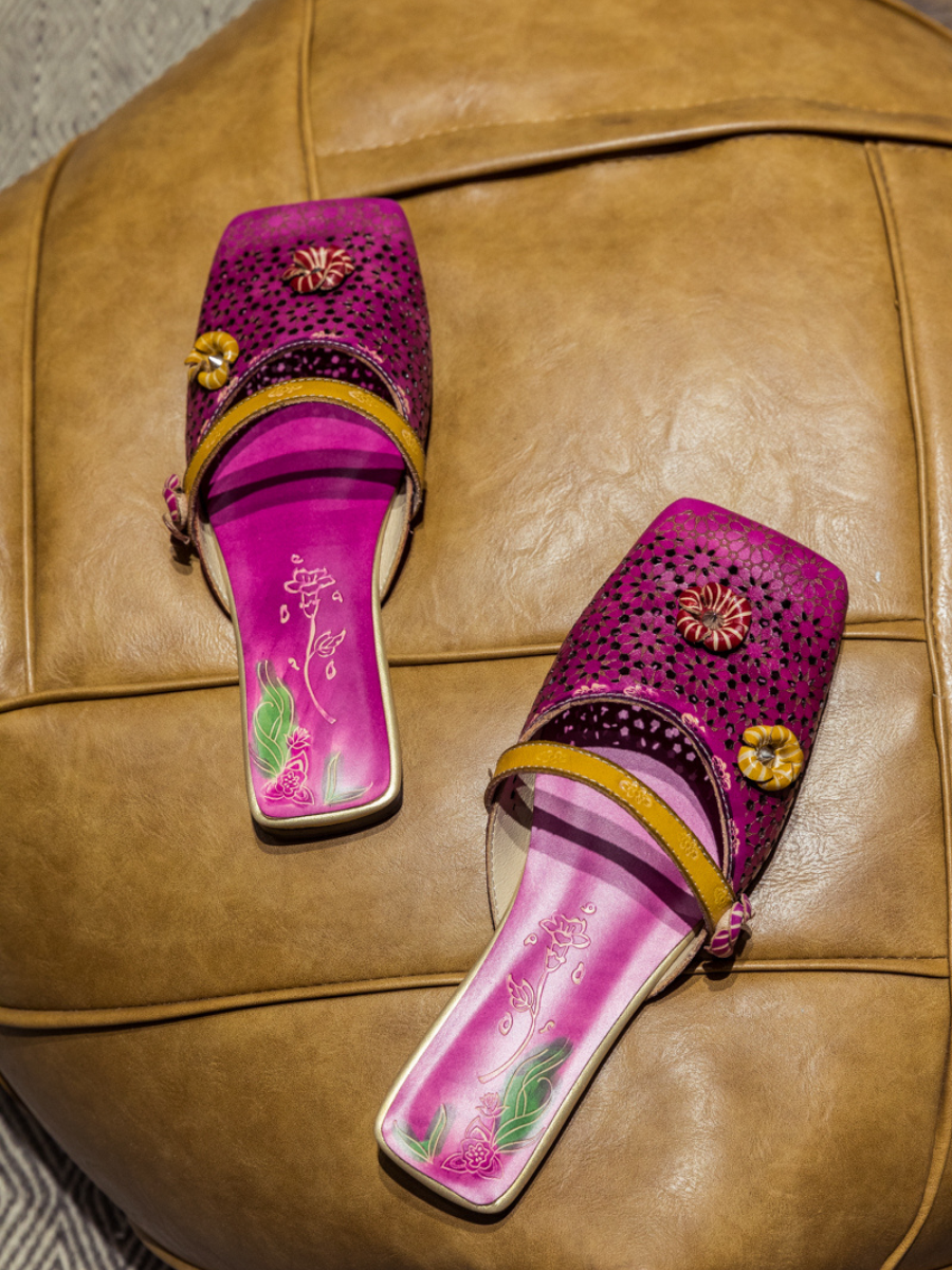 SOFFIA | Perforated  Floral Appliqued Leather Sandal - Purple