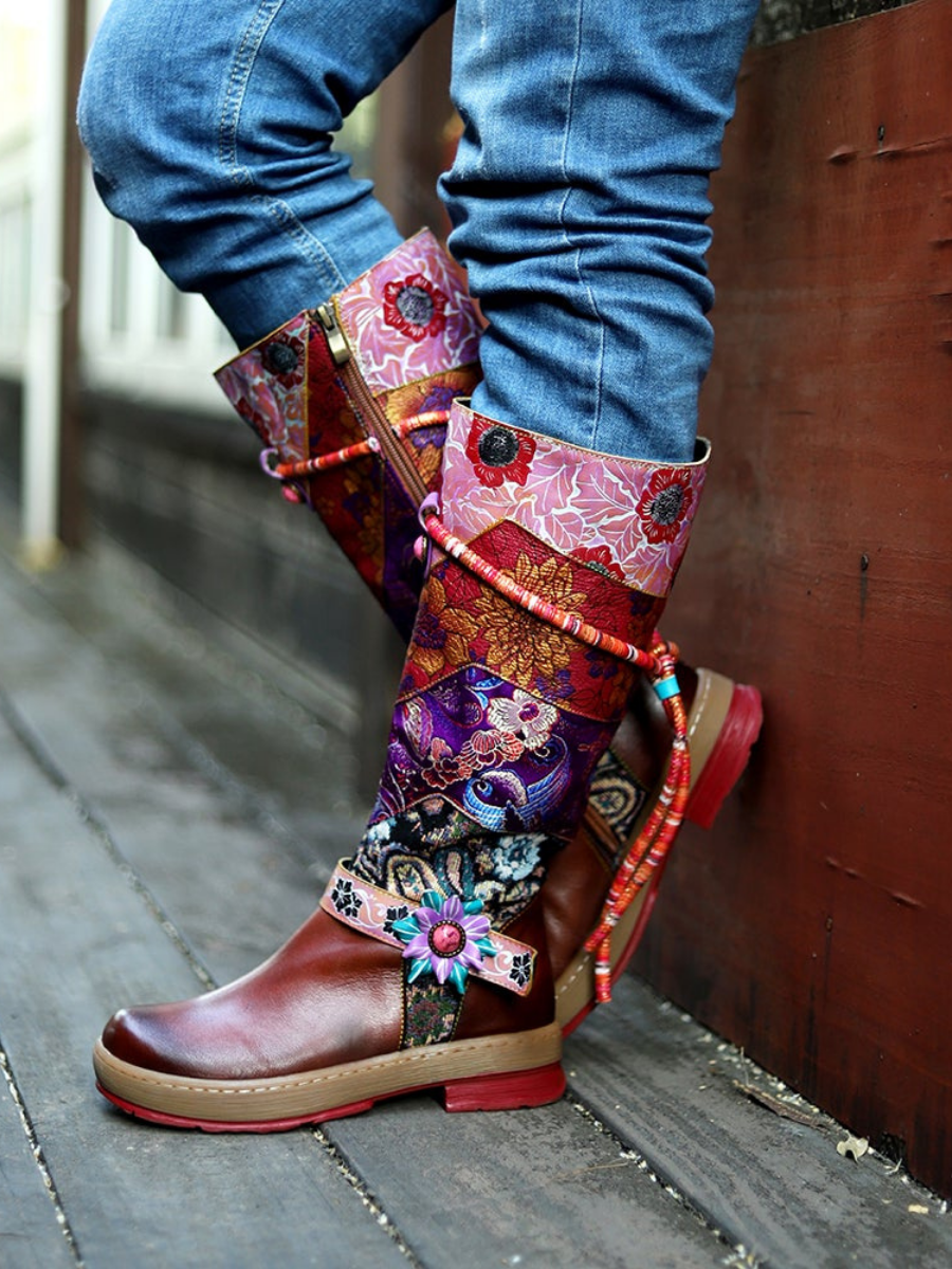 SOFFIA | Bohemian Floral Tie-Accent Boho Leather Knee Boots