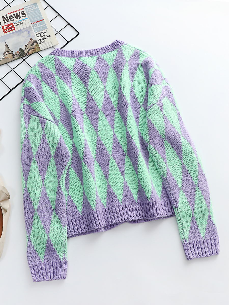 Smaibulun | FELISE Chess Patterned Knit Cardigan - Purple