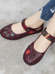 Rumour Has It | Perforated Flower Printed Leather Mary Jane Flats- Purple