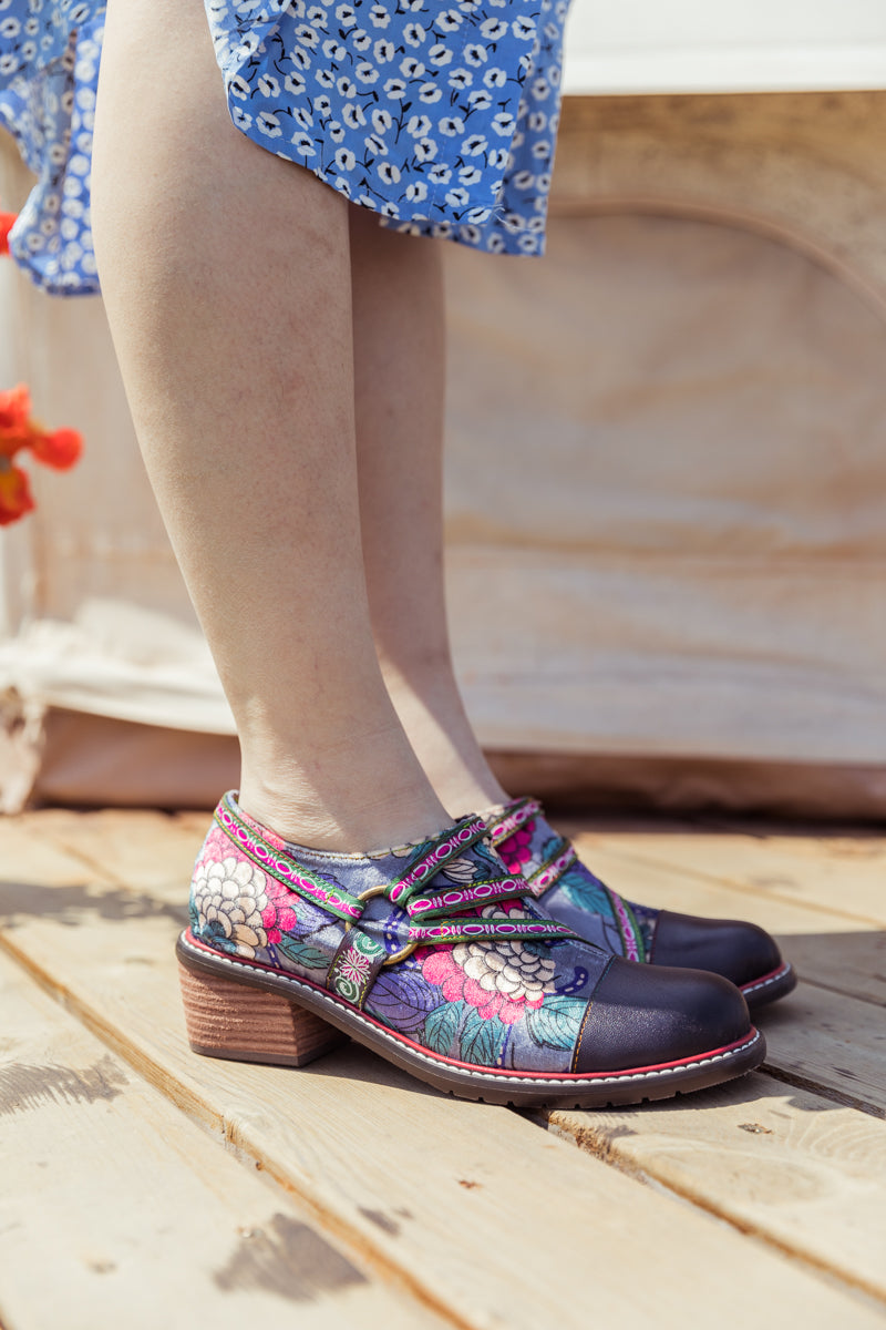 SOFFIA | Genuine Leather Peony Print Strap-Accent Loafer