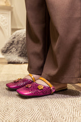 SOFFIA | Perforated  Floral Appliqued Leather Sandal - Purple