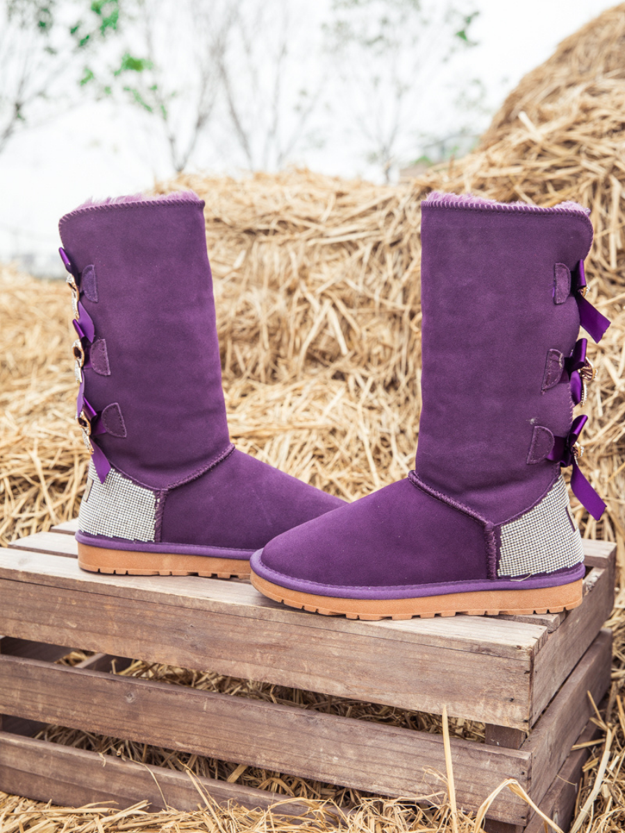 SMAIBULUN Ugg | Rhinestone Ribbon Ballet Bow Suede Boots - Purple