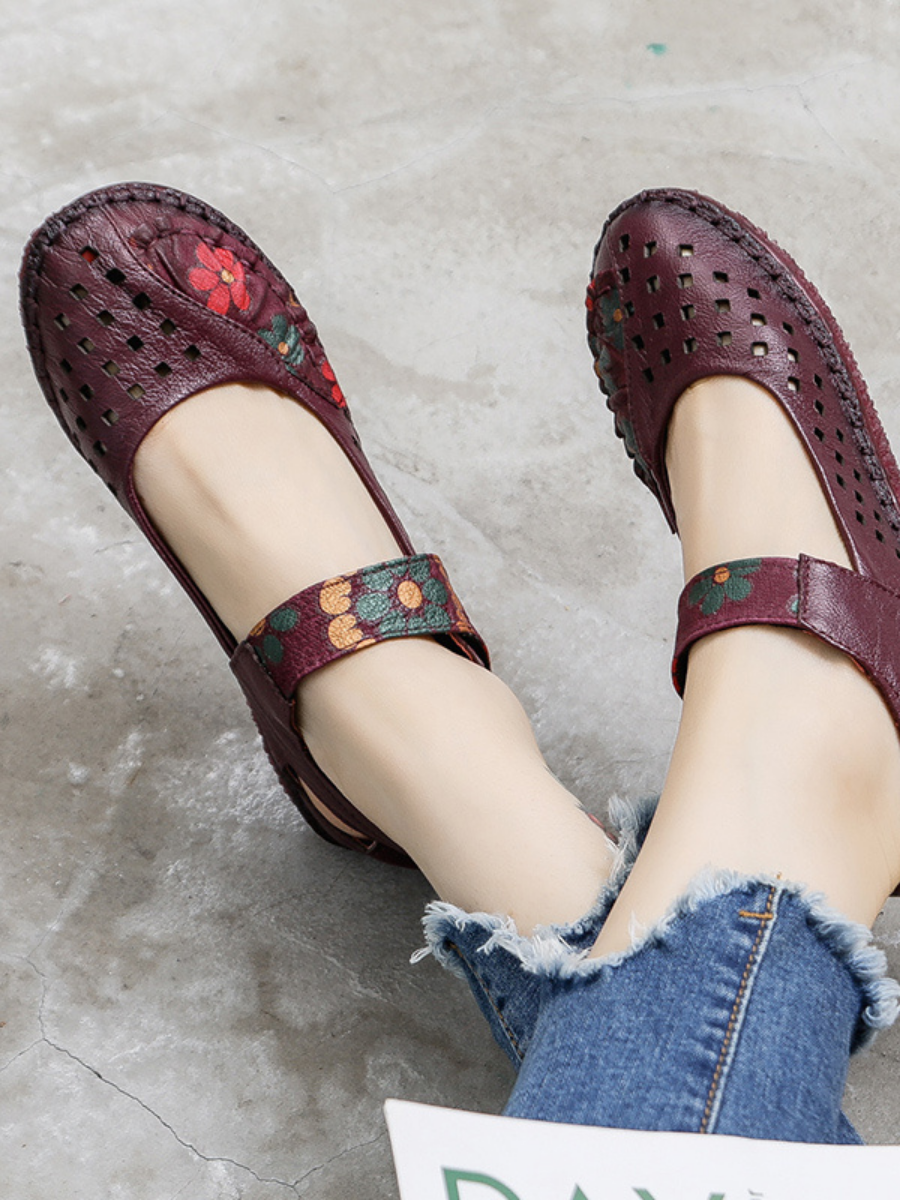 Rumour Has It | Perforated Flower Printed Leather Mary Jane Flats- Purple