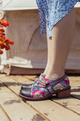 SOFFIA | Genuine Leather Peony Print Strap-Accent Loafer