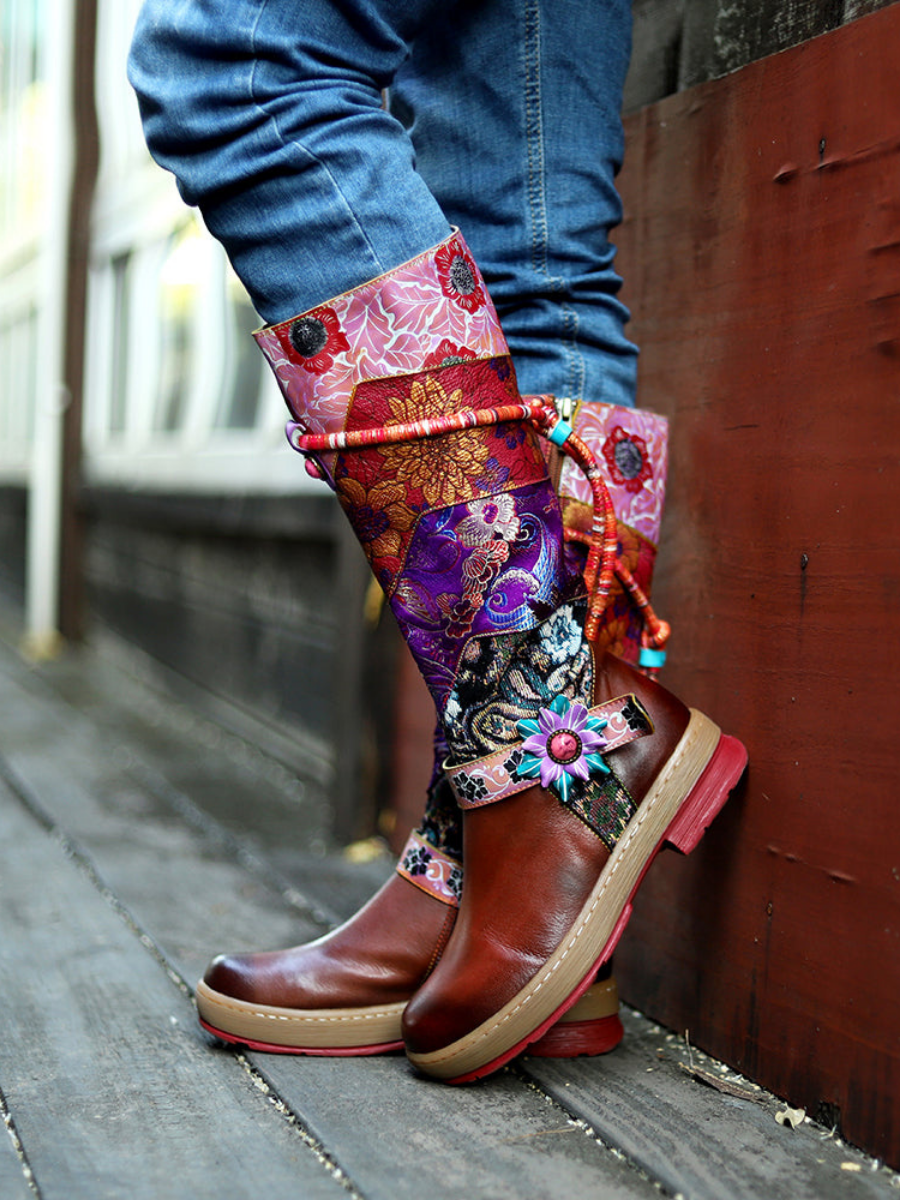 SOFFIA | Bohemian Floral Tie-Accent Boho Leather Knee Boots