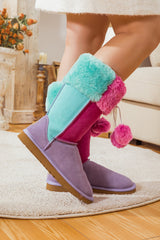 SMAIBULUN Ugg | FRINGE BALL COLOR CONTRAST SUEDE BOOTS - PURPLE