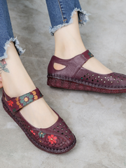 Rumour Has It | Perforated Flower Printed Leather Mary Jane Flats- Purple