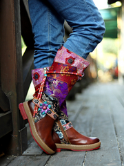 SOFFIA | Bohemian Floral Tie-Accent Boho Leather Knee Boots