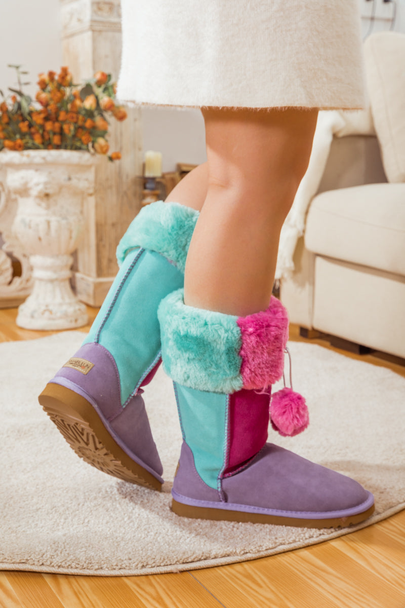 SMAIBULUN Ugg | FRINGE BALL COLOR CONTRAST SUEDE BOOTS - PURPLE