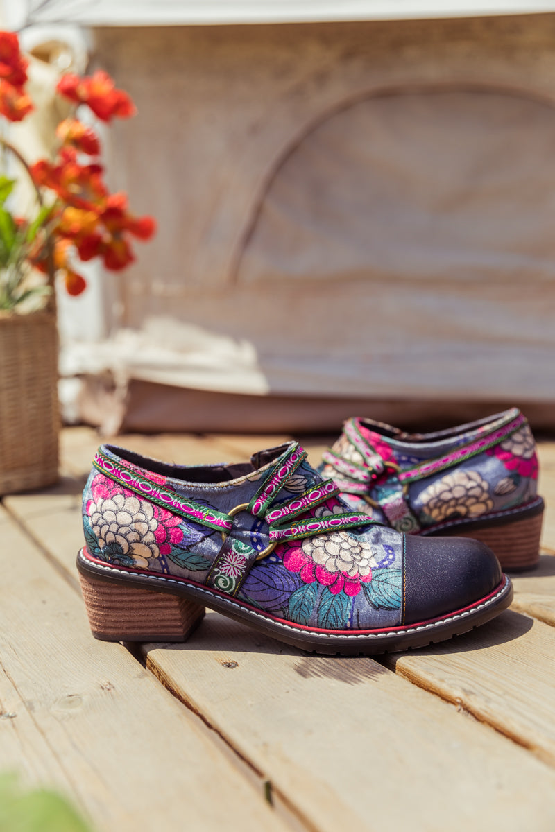 SOFFIA | Genuine Leather Peony Print Strap-Accent Loafer