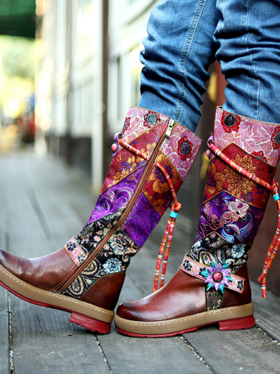 SOFFIA | Bohemian Floral Tie-Accent Boho Leather Knee Boots