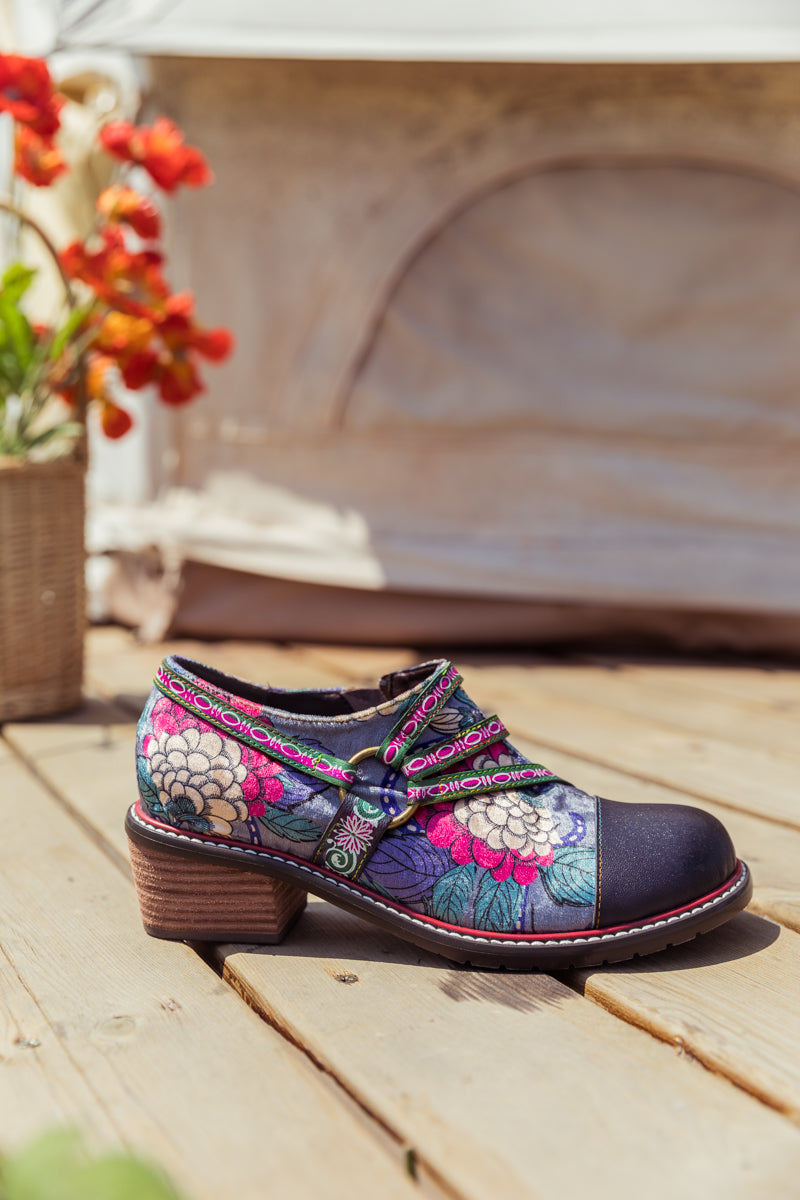 SOFFIA | Genuine Leather Peony Print Strap-Accent Loafer