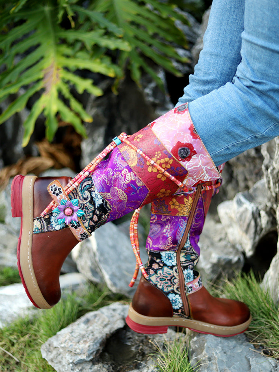 SOFFIA | Bohemian Floral Tie-Accent Boho Leather Knee Boots