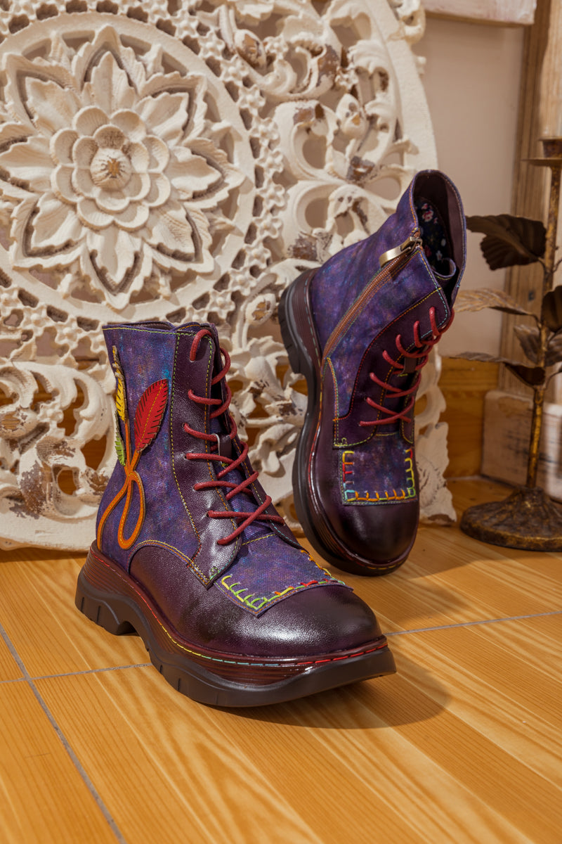 SOFFIA | GALAXY LEAF APPLIQUE LEATHER CANVAS COMBAT BOOT