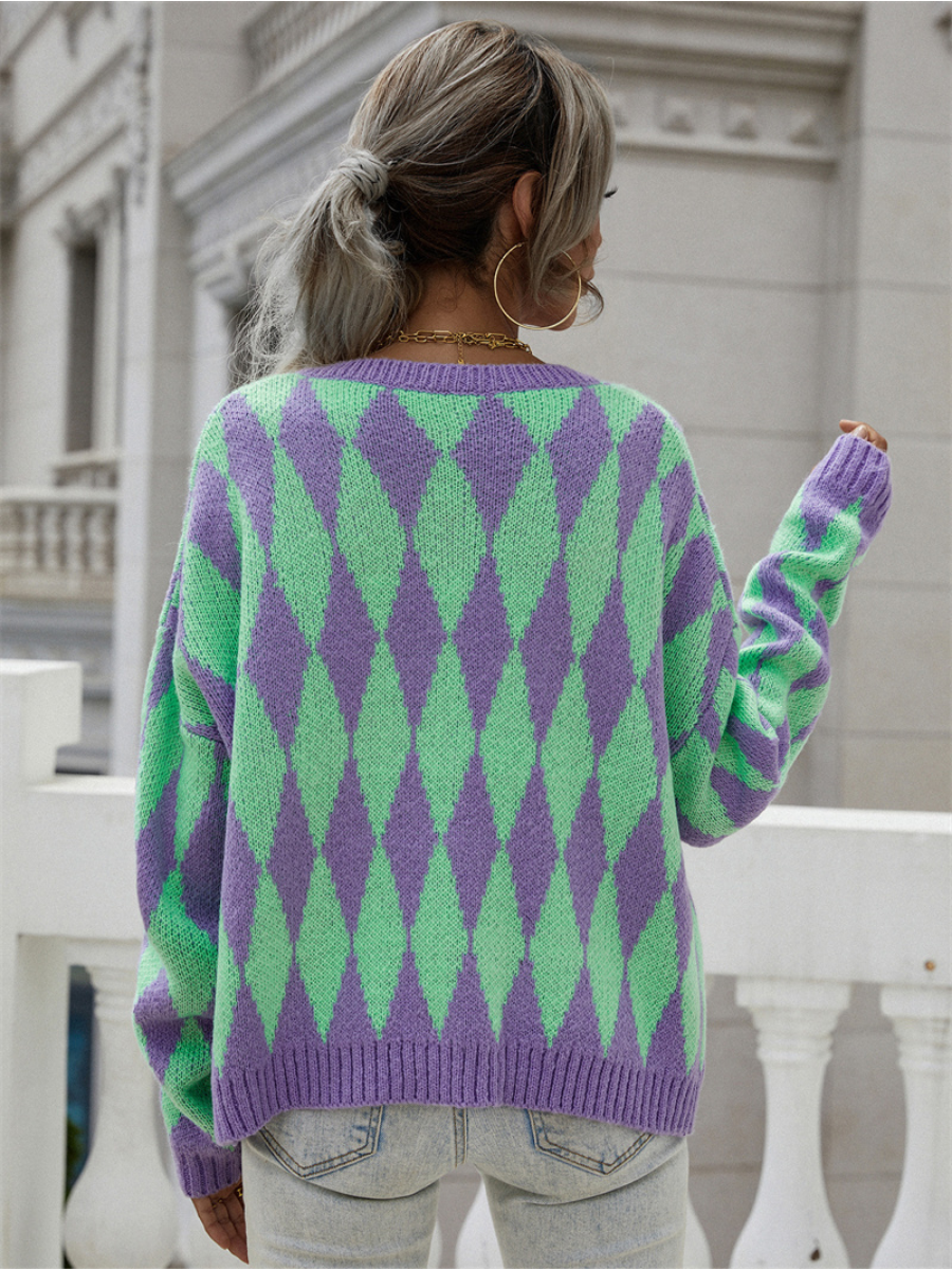 Smaibulun | FELISE Chess Patterned Knit Cardigan - Purple