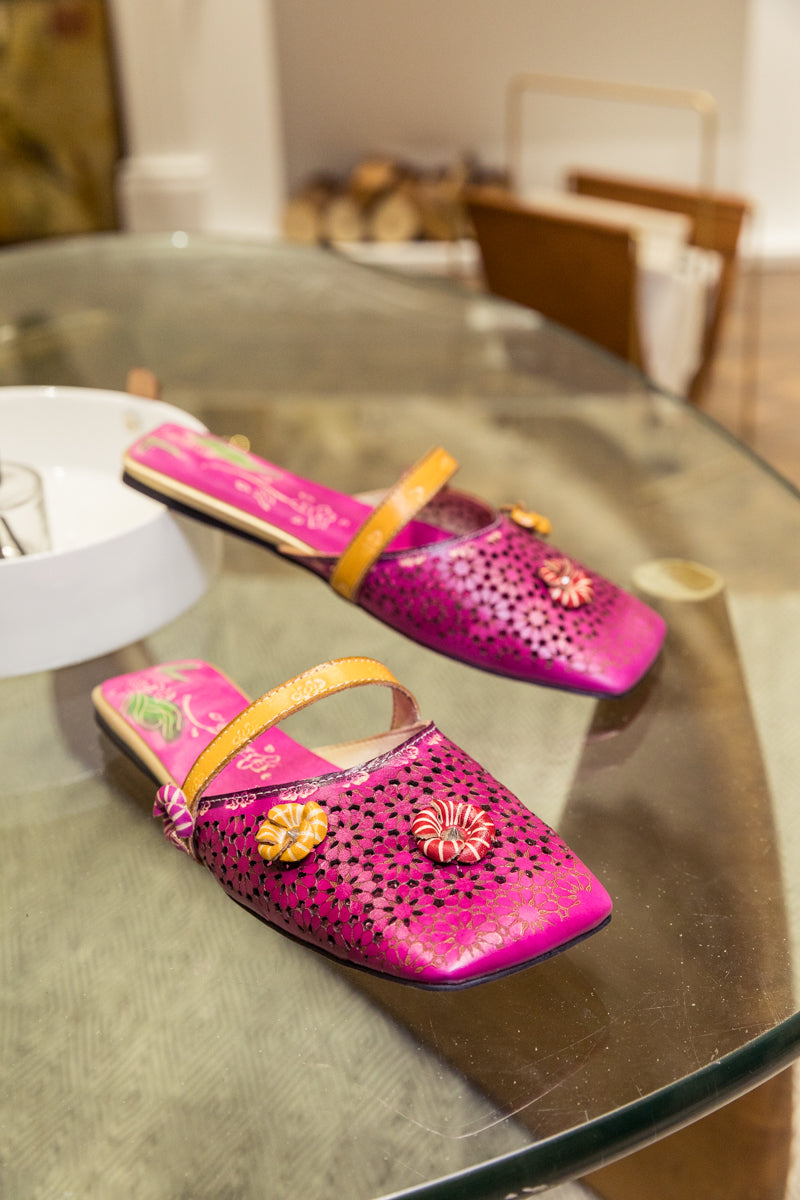 SOFFIA | Perforated  Floral Appliqued Leather Sandal - Purple