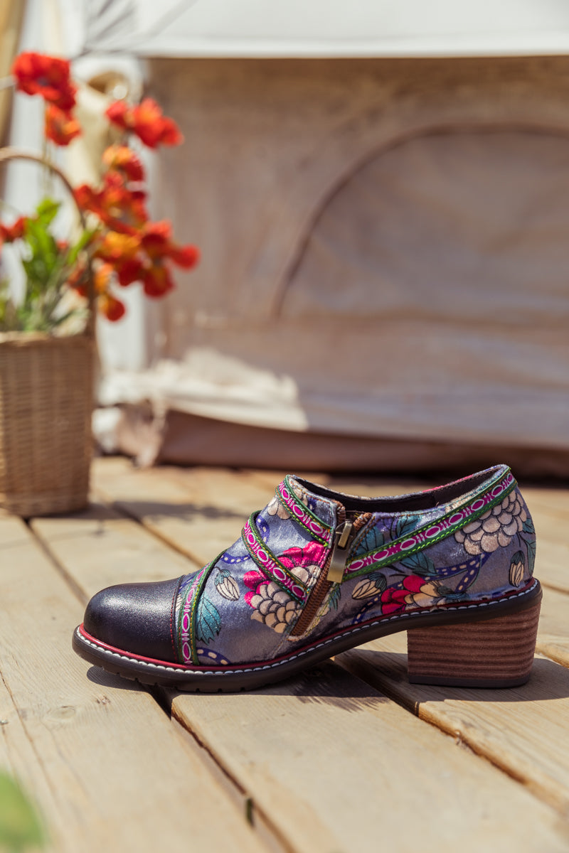 SOFFIA | Genuine Leather Peony Print Strap-Accent Loafer