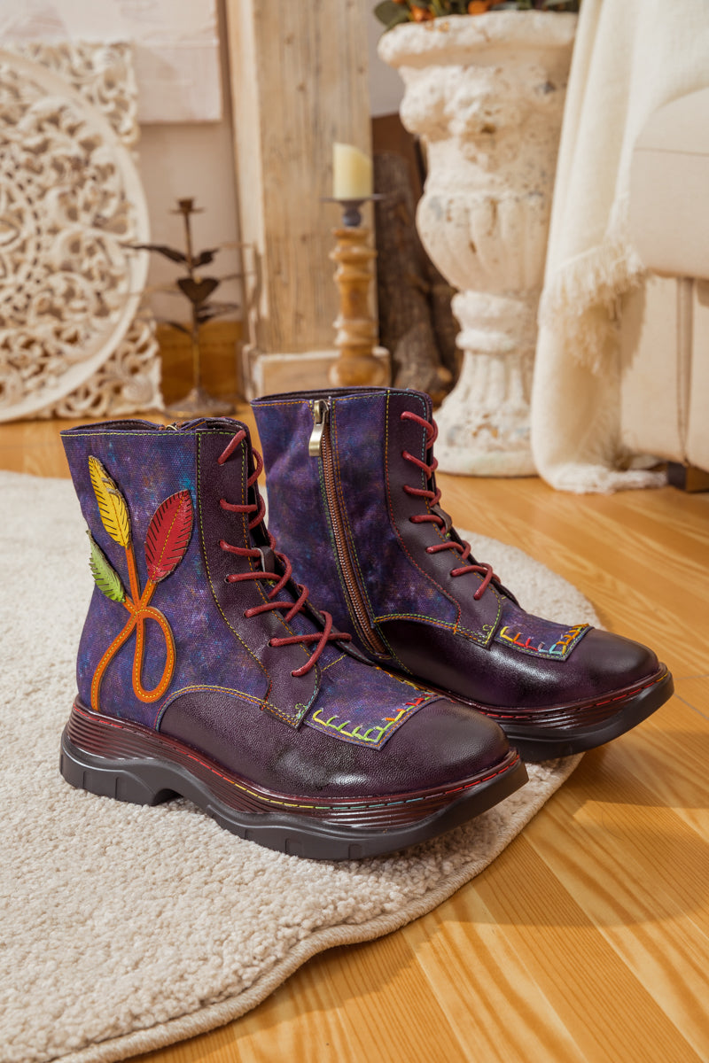 SOFFIA | GALAXY LEAF APPLIQUE LEATHER CANVAS COMBAT BOOT