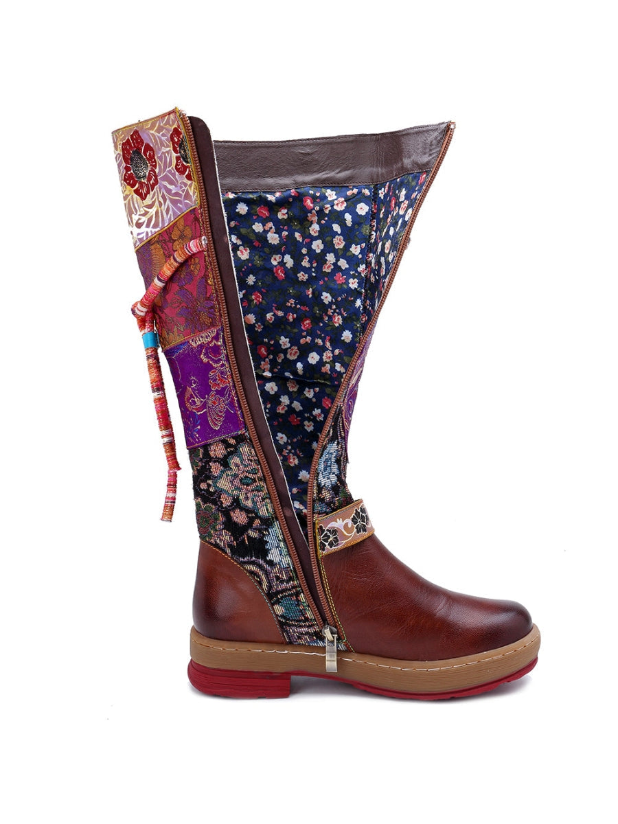 SOFFIA | Bohemian Floral Tie-Accent Boho Leather Knee Boots