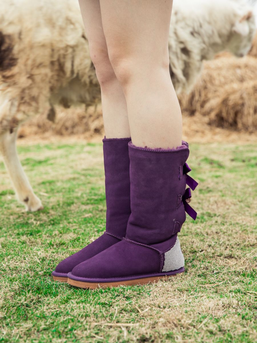 SMAIBULUN Ugg | Rhinestone Ribbon Ballet Bow Suede Boots - Purple