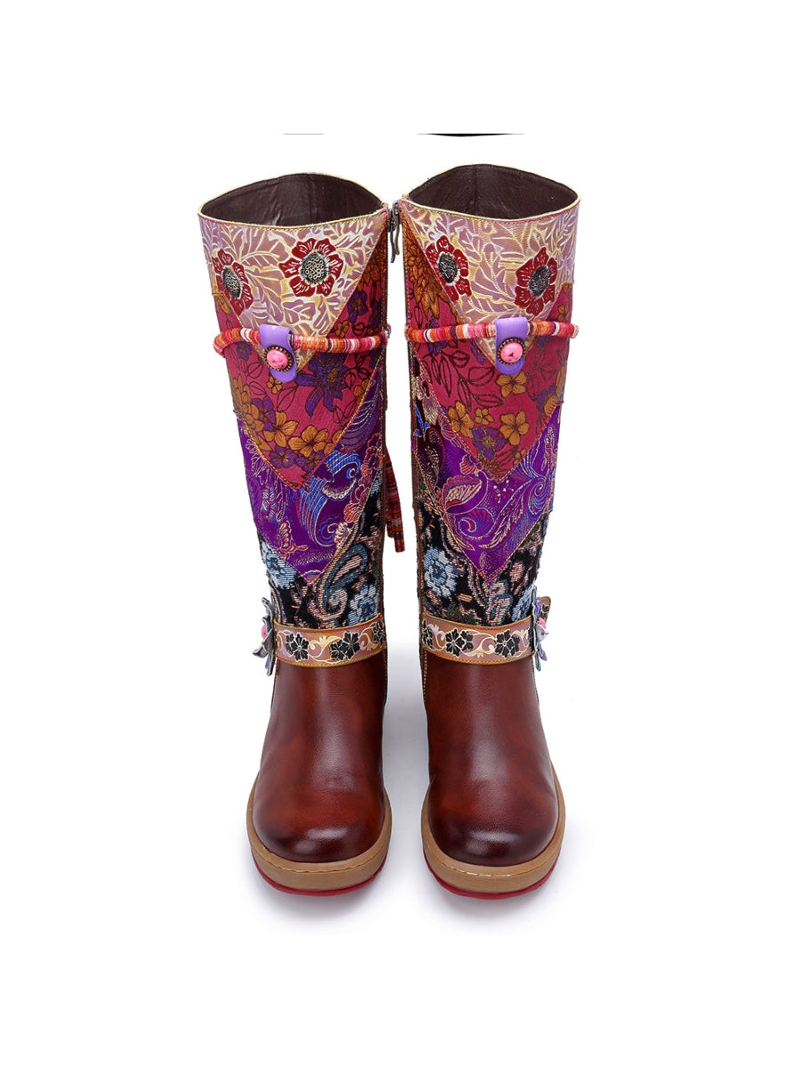 SOFFIA | Bohemian Floral Tie-Accent Boho Leather Knee Boots